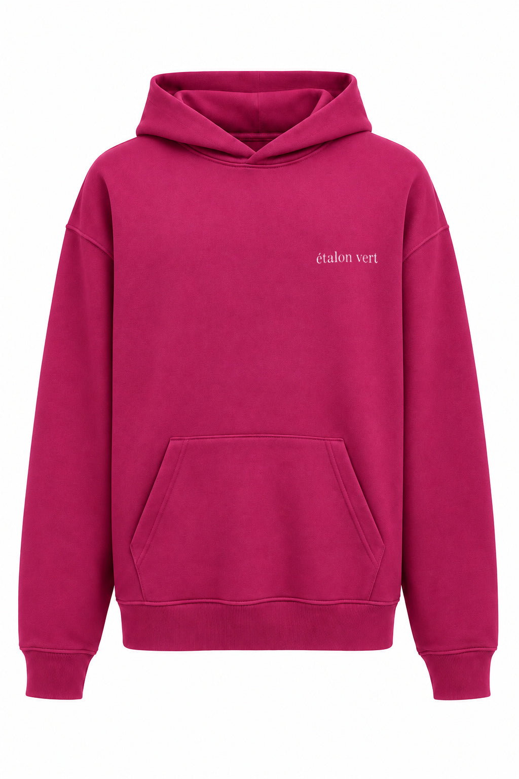 Very Berry Oversize Hoodie – Vorderansicht, kleines weißes Logo auf linker Brust