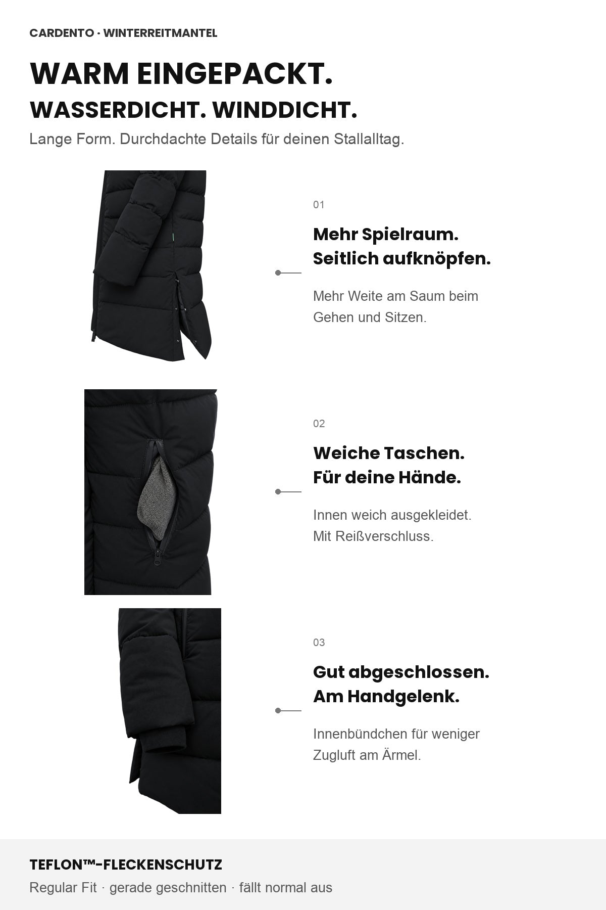 Cardento Black: wasserdichter und winddichter Winterreitmantel mit seitlichen Druckknopföffnungen, weichen Taschen und Innenbündchen
