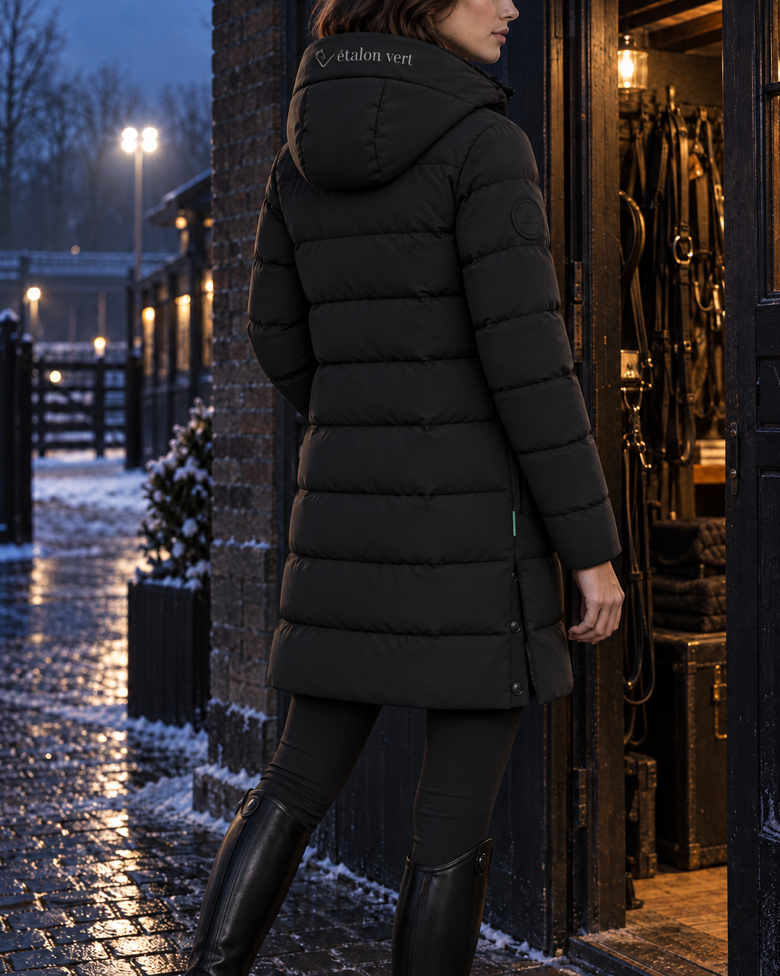 Cardento in Schwarz – Rücken und Kapuze am Model