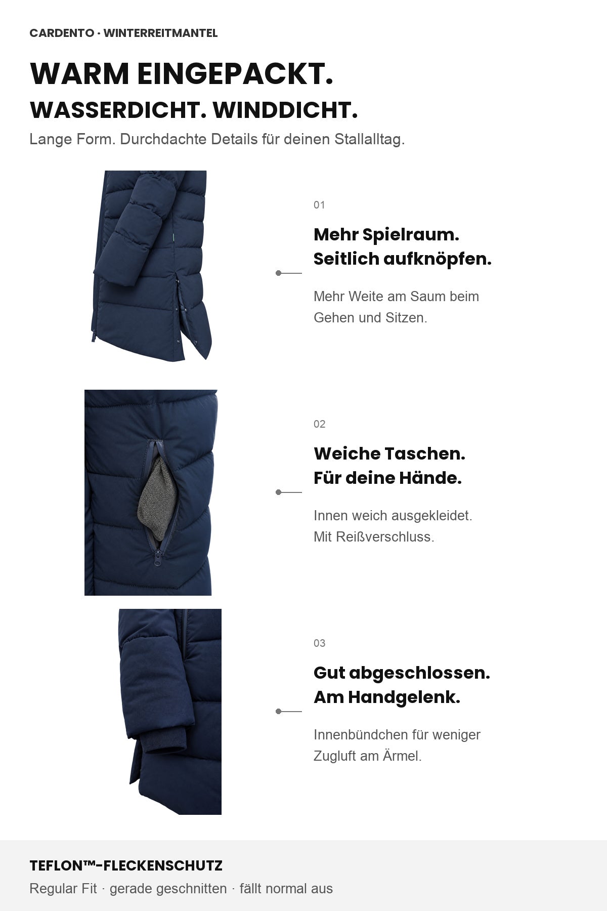 Cardento Navy: Wetterschutz, seitliche Saumöffnung, weiche Taschen und Innenbündchen