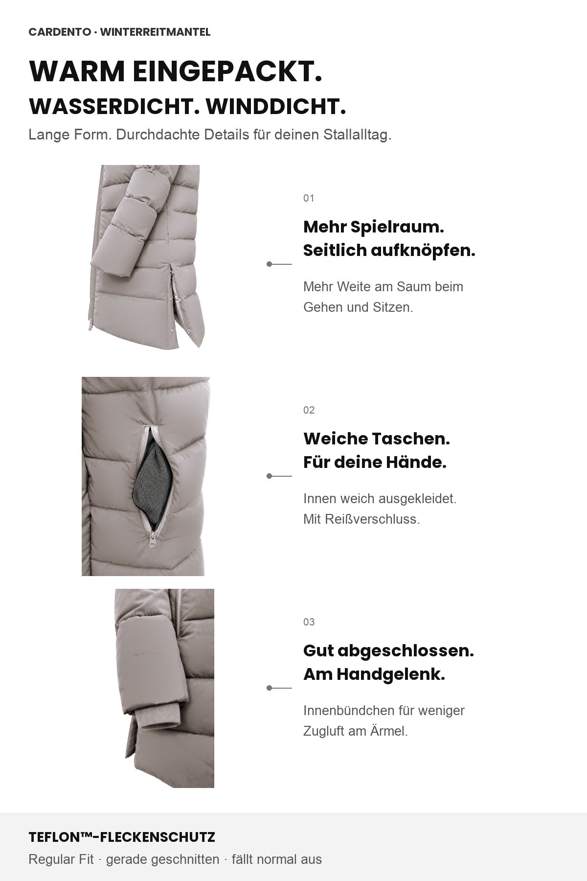 Cardento Taupe: Wetterschutz, seitliche Saumöffnung, weiche Taschen und Innenbündchen