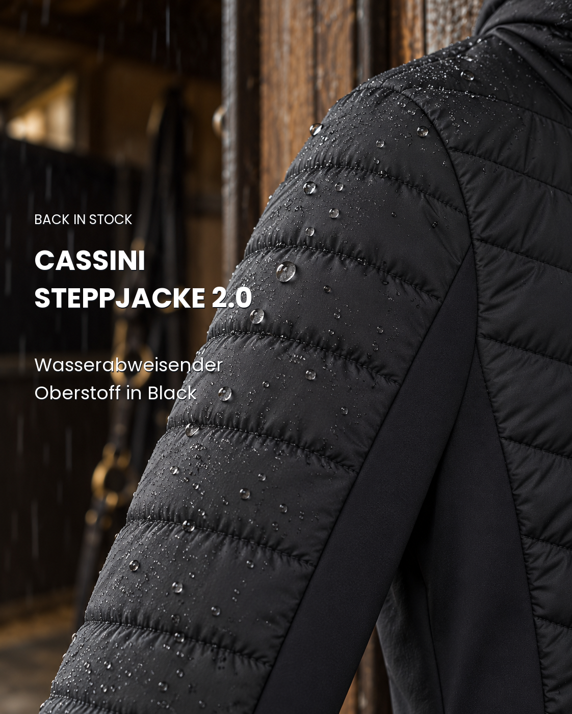 Cassini Steppjacke 2.0 Black – wasserabweisender Oberstoff, illustrativ mit Tropfen gezeigt