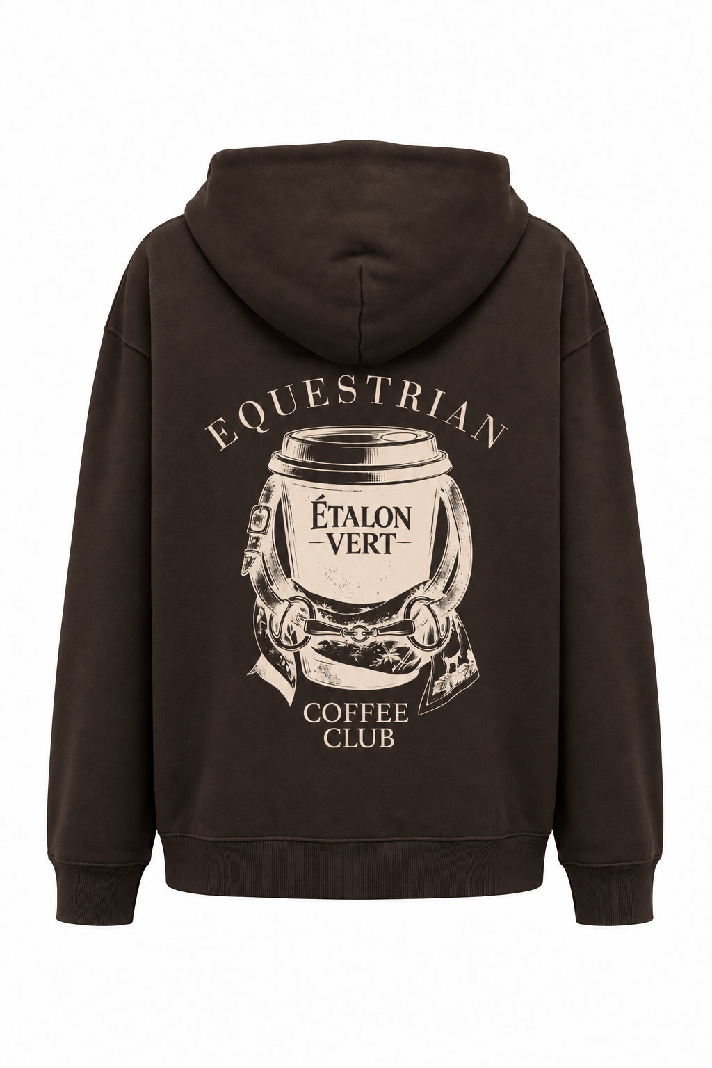 Brown / Chocolate Brown Oversize Hoodie – Rückenansicht, Motiv coffee-club, Druck Beige