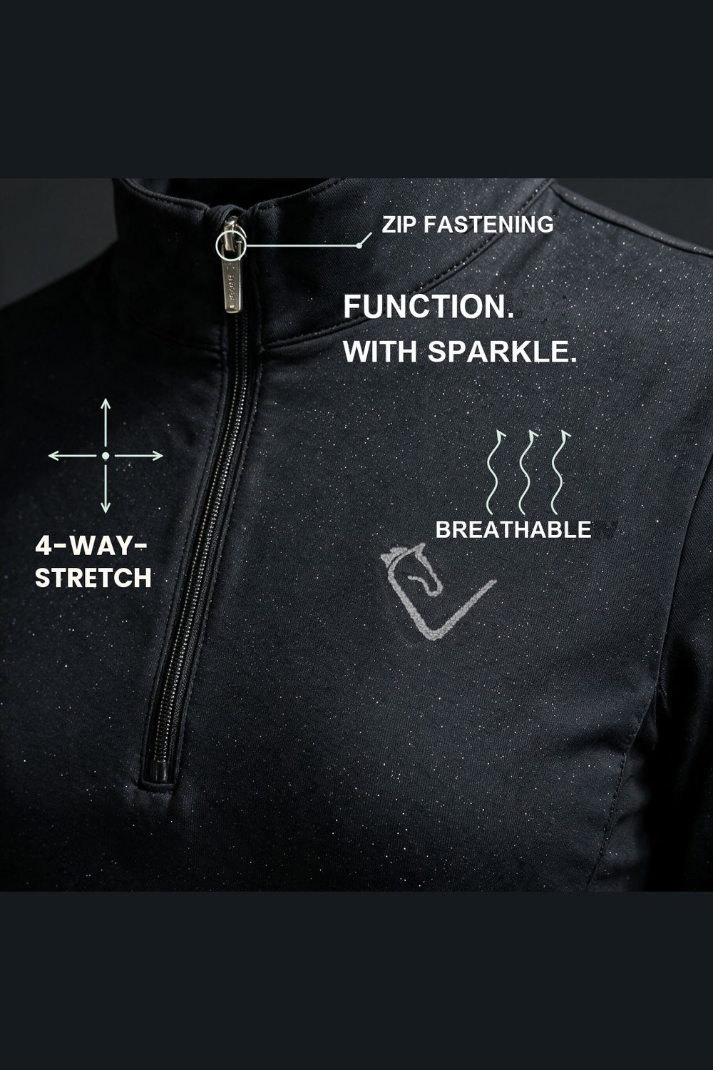 Easy Game Black Sparkle – function infographic showing four-way stretch, breathability and zip fastening [en]
