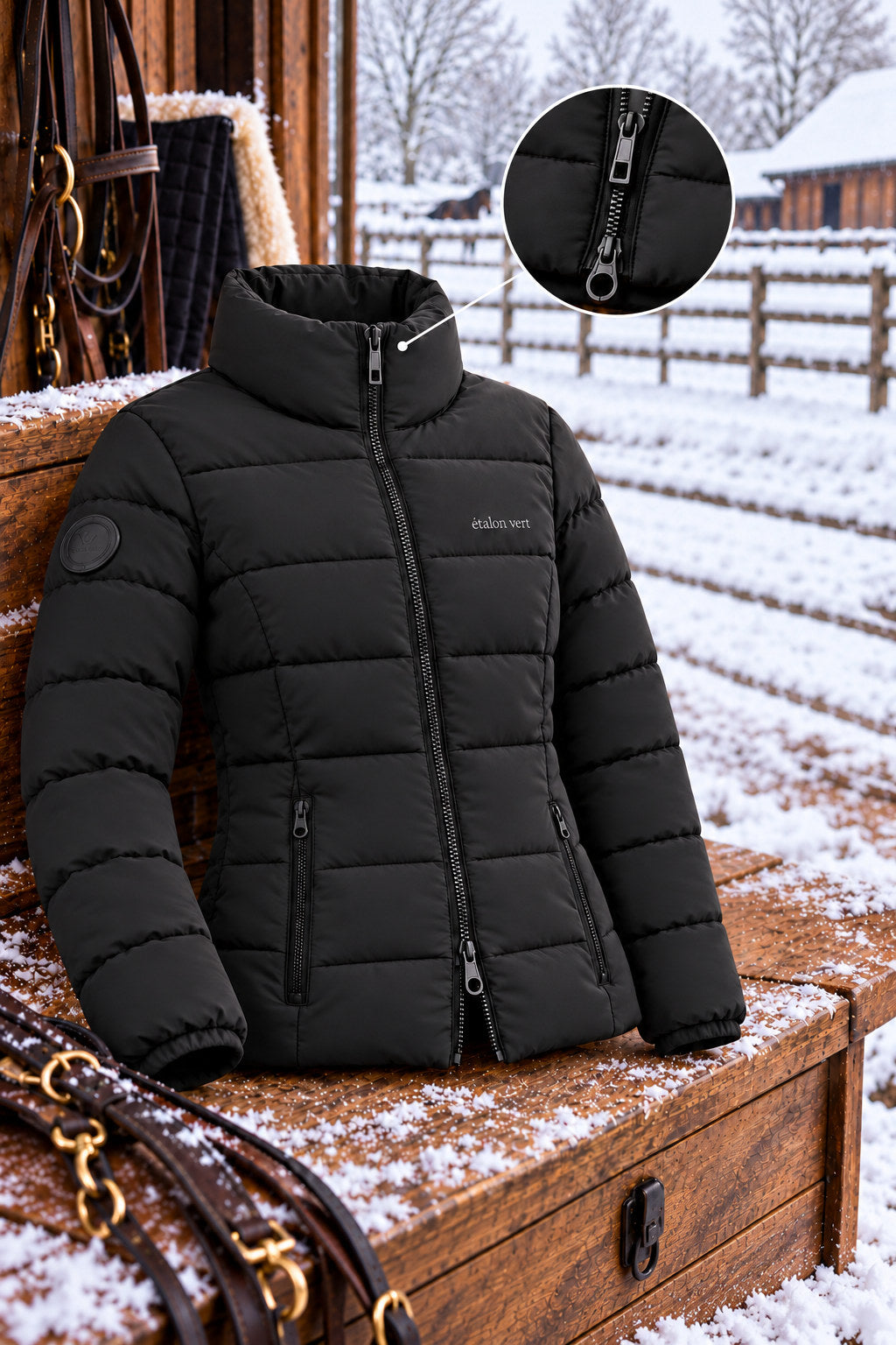 Emerald Steppjacke Black – Zwei-Wege-Reißverschluss mit Detailvergrößerung