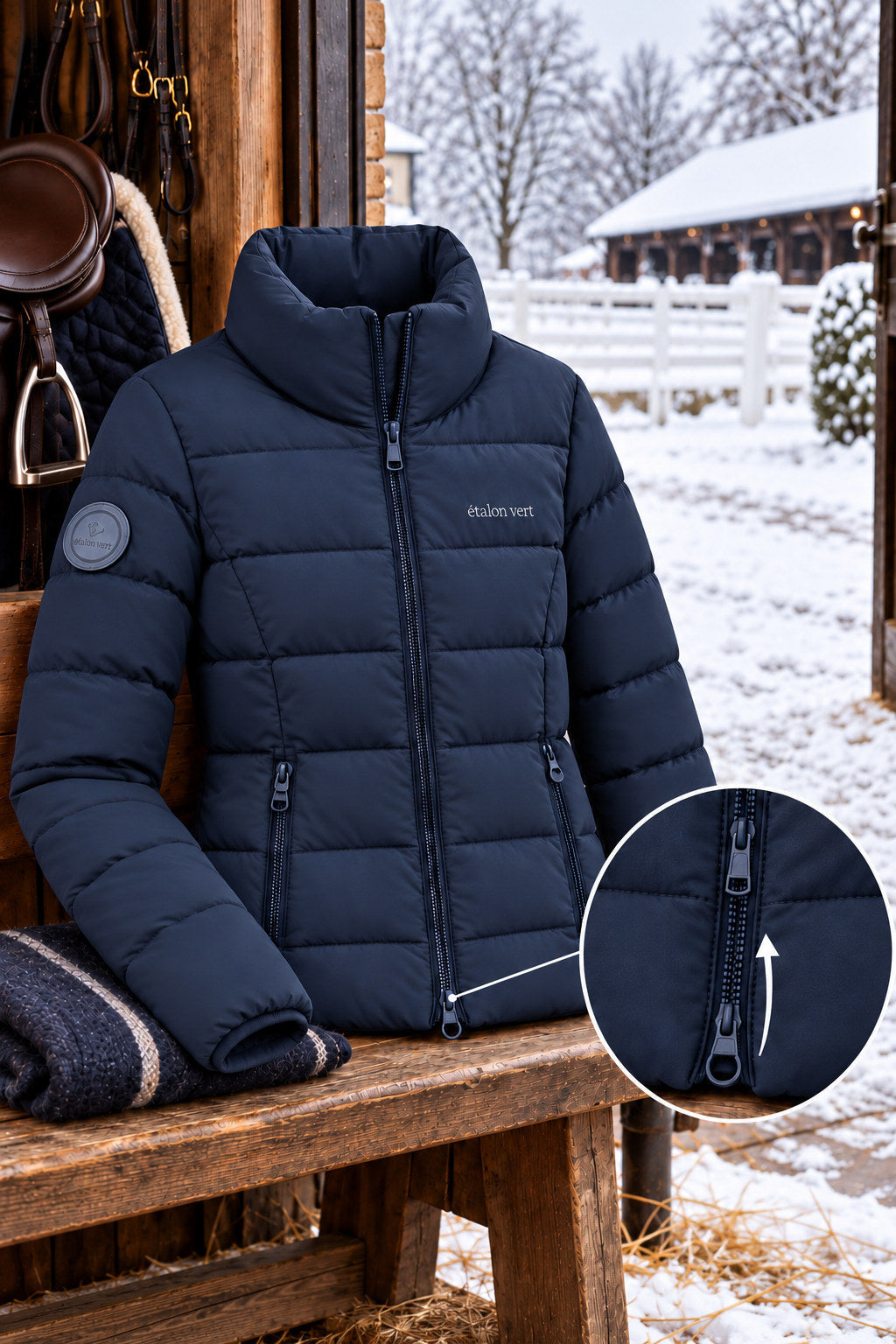 Emerald Steppjacke Navy – Zwei-Wege-Reißverschluss mit Detailvergrößerung