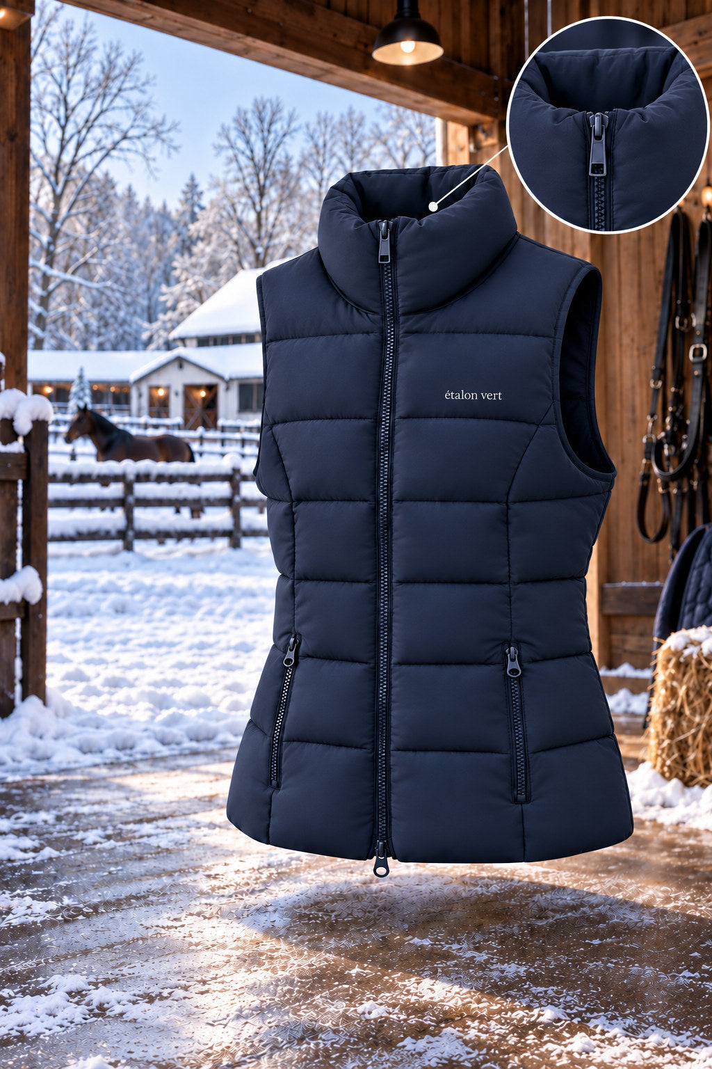 Emerald Steppweste Navy – gepolsterter Stehkragen mit Detailvergrößerung