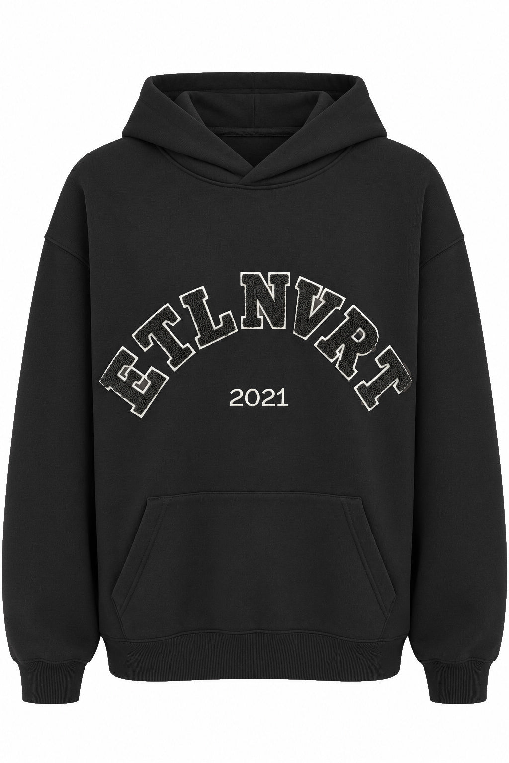 étalon vert – ETLNVRT Hoodie Black – Vorderansicht mit Chenille-Schriftzug