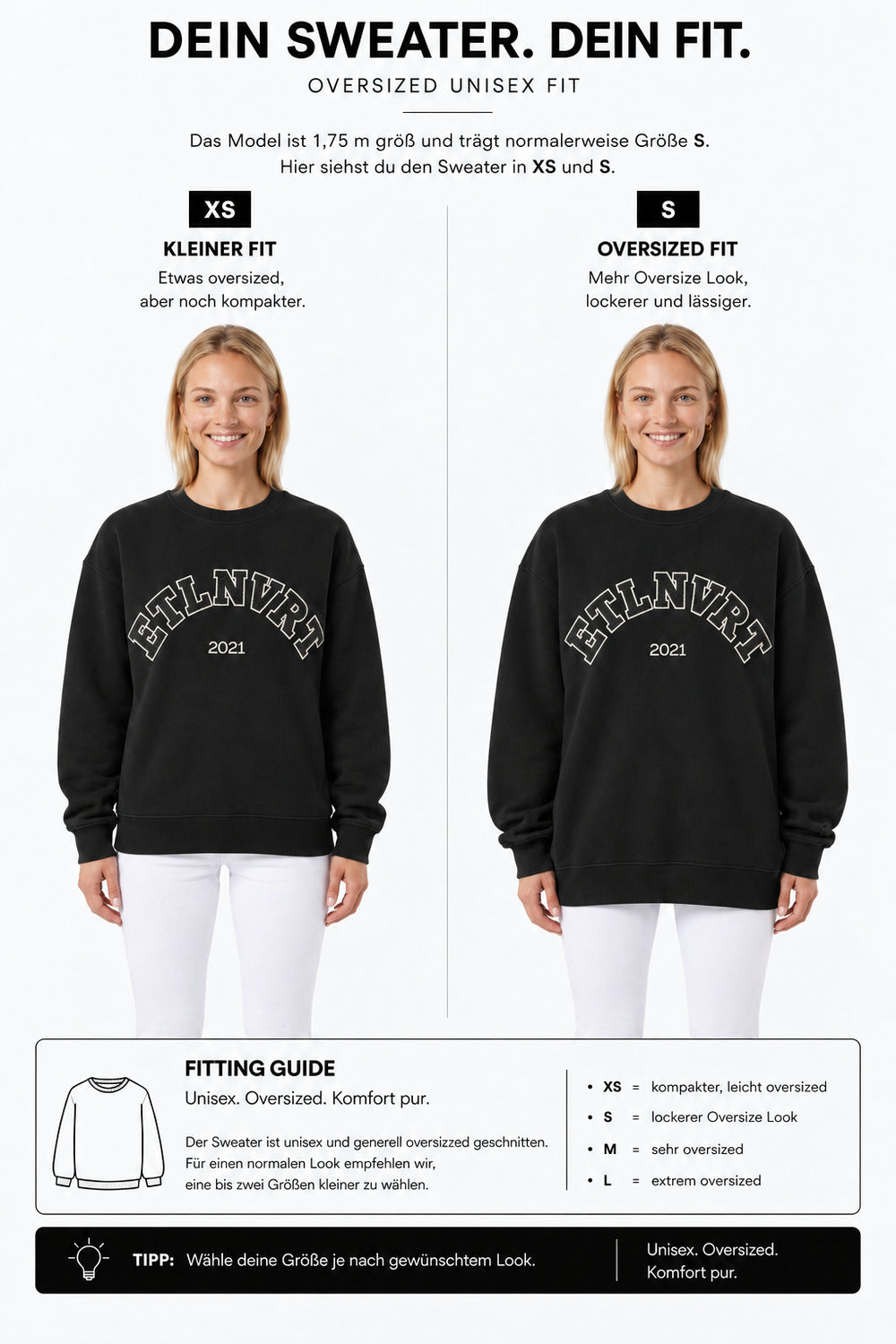étalon vert – ETLNVRT Sweater Black – Fit-Guide Vorderansicht XS und S – Model 1,75 m, normalerweise S [de]