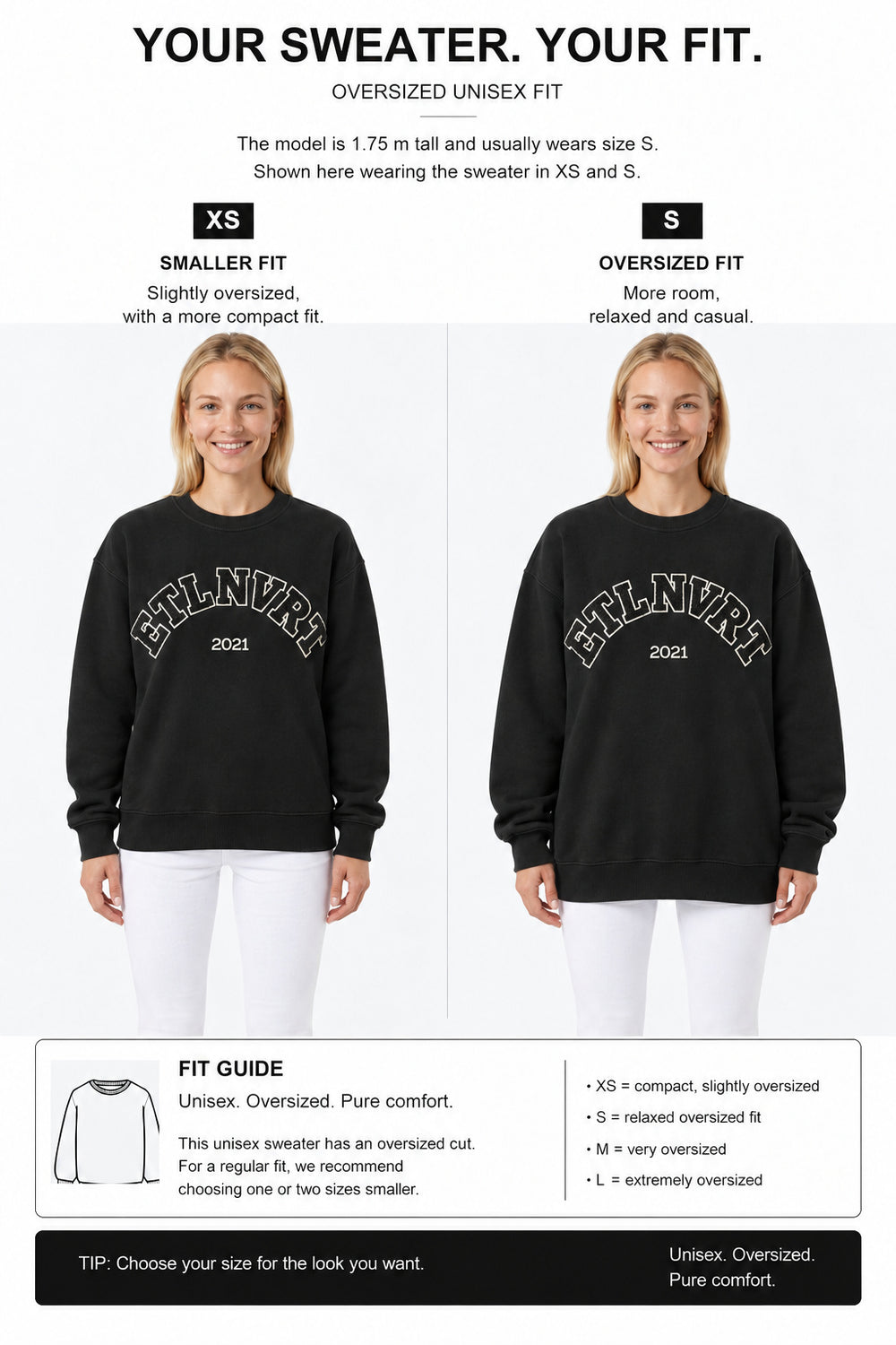 étalon vert – ETLNVRT Sweater Black – Fit-Guide Vorderansicht XS und S – Model 1,75 m, normalerweise S [en]