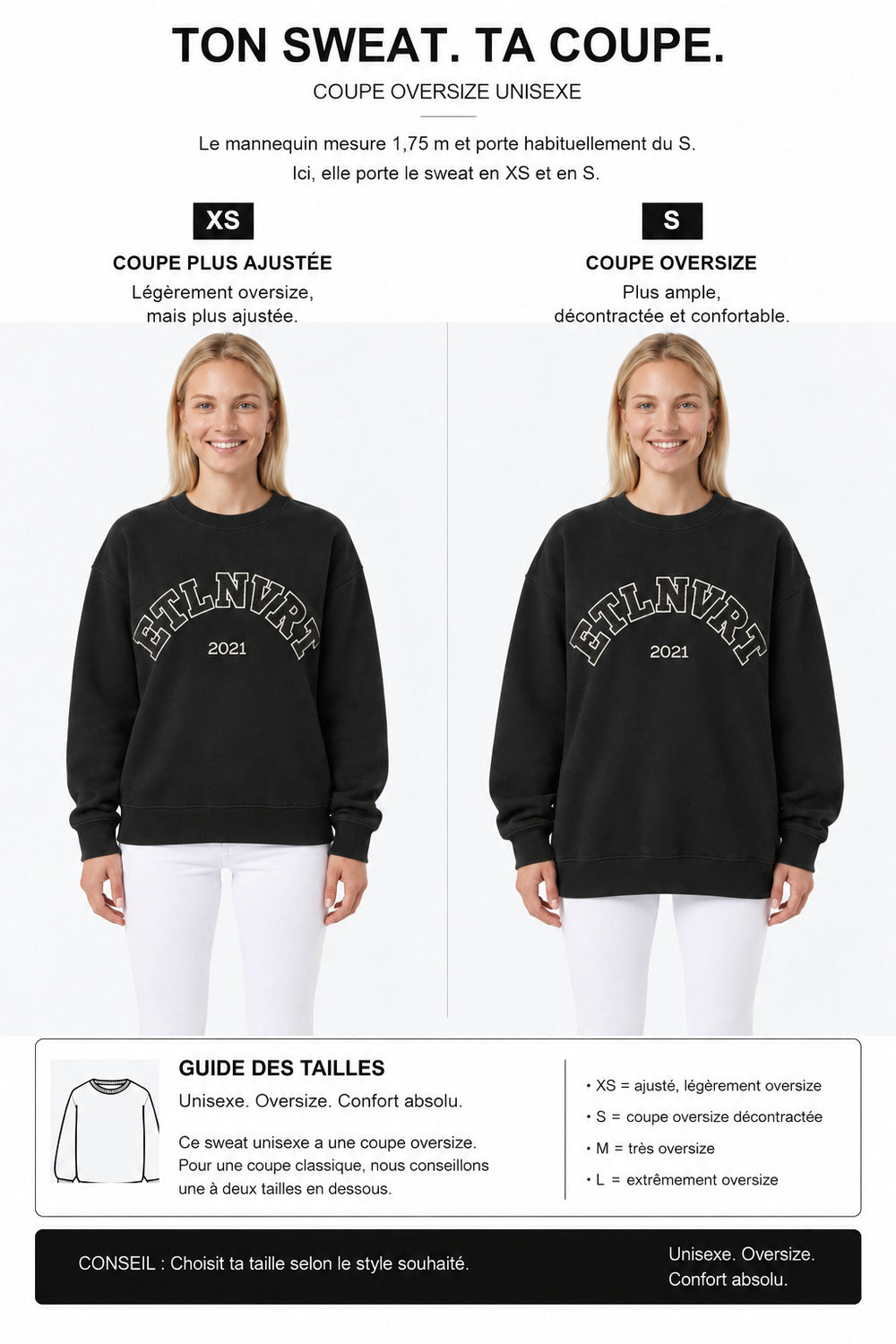 étalon vert – ETLNVRT Sweater Black – Fit-Guide Vorderansicht XS und S – Model 1,75 m, normalerweise S [fr]