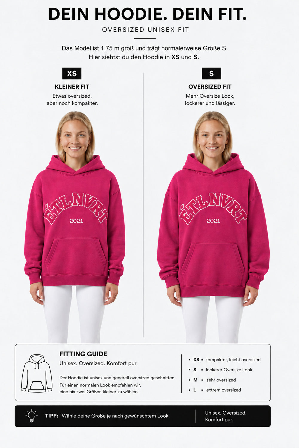 étalon vert – Oversize - ETLNVRT Hoodie - Very Berry – Fit-Guide XS und S – Model 1,75 m, normalerweise S [de]