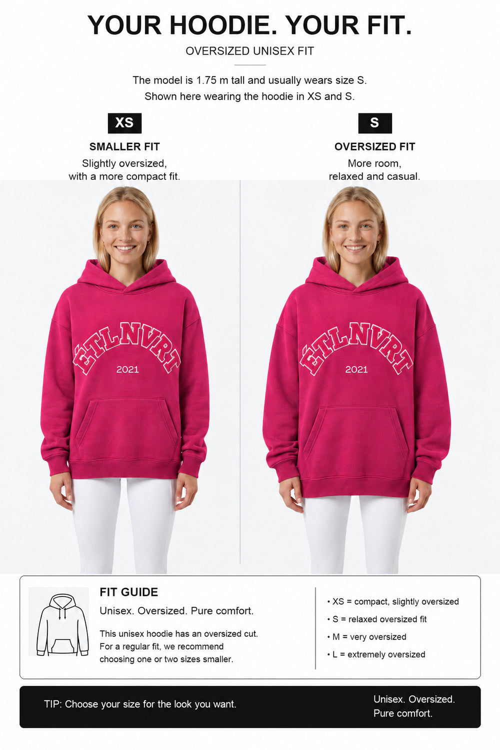 étalon vert – Oversize - ETLNVRT Hoodie - Very Berry – Fit-Guide XS und S – Model 1,75 m, normalerweise S [en]