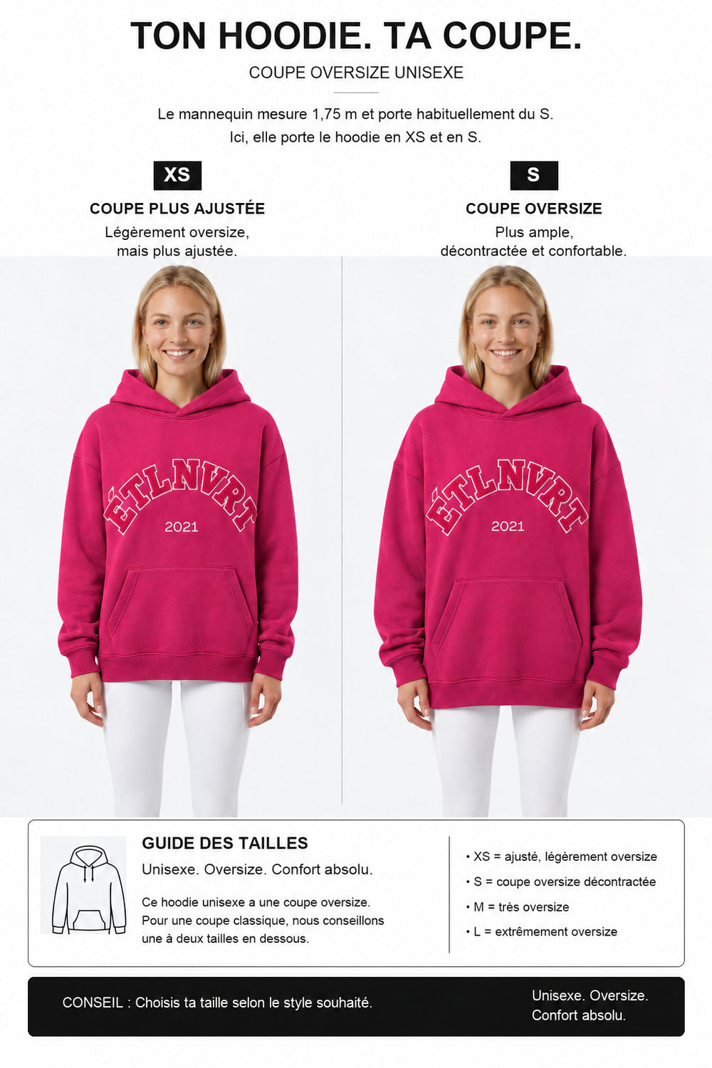 étalon vert – Oversize - ETLNVRT Hoodie - Very Berry – Fit-Guide XS und S – Model 1,75 m, normalerweise S [fr]