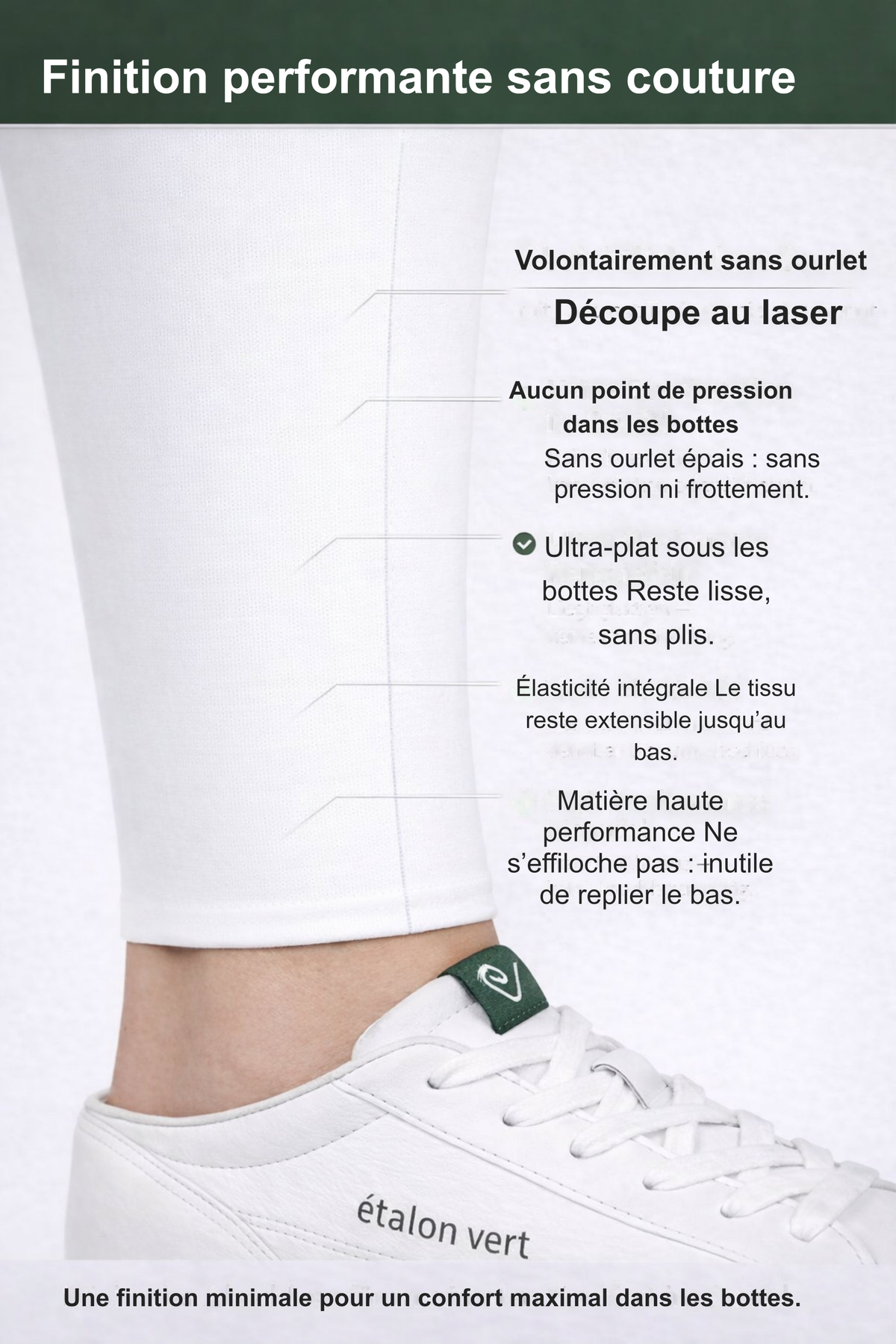 Infographie produit étalon vert : Finition performante sans couture