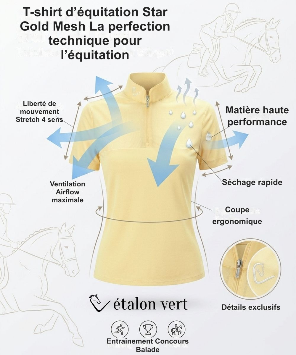 Infographie produit étalon vert : T-shirt d’équitation Star Gold Mesh La perfection technique pour l’équitation