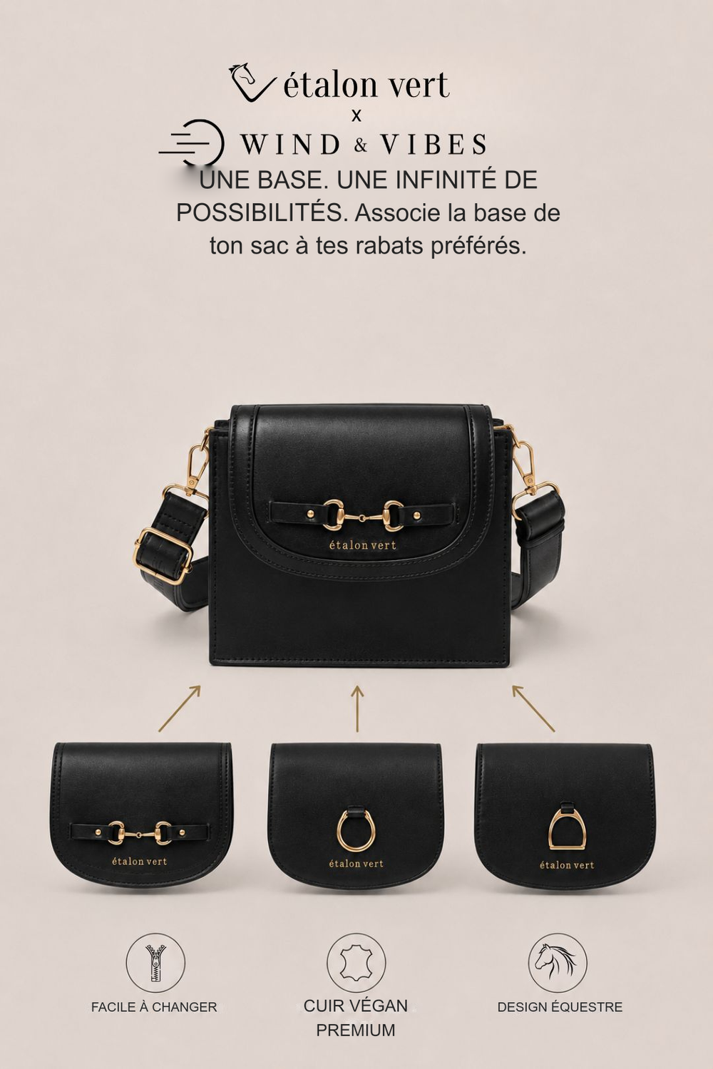 Infographie produit étalon vert : UNE BASE. UNE INFINITÉ DE POSSIBILITÉS. Associe la base de ton sac à tes rabats préférés. [fr]