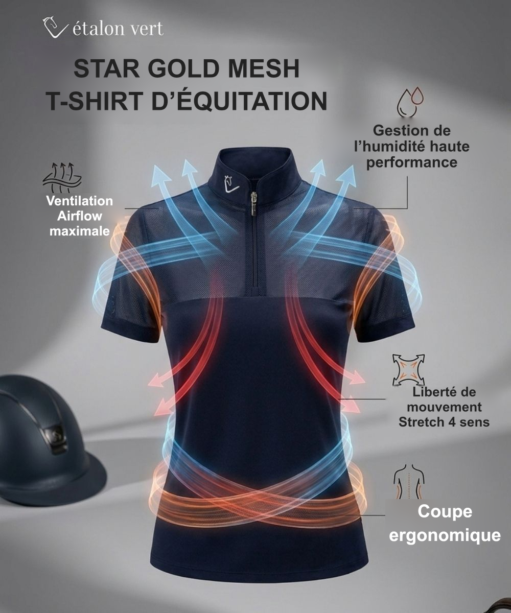 Infographie produit étalon vert : STAR GOLD MESH T-SHIRT D’ÉQUITATION