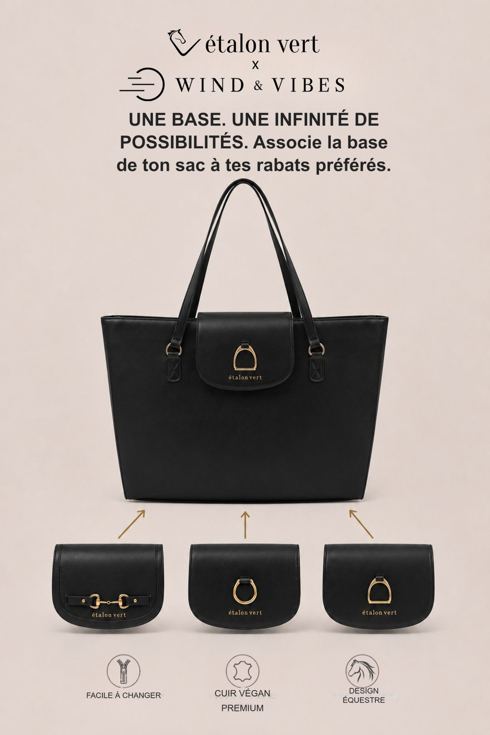 Infographie produit étalon vert : UNE BASE. UNE INFINITÉ DE POSSIBILITÉS. Associe la base de ton sac à tes rabats préférés. [fr]