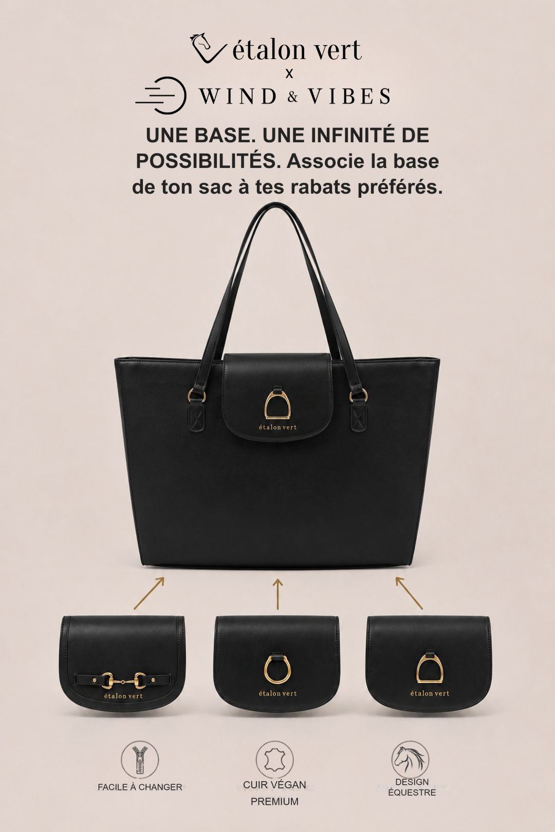 Infographie produit étalon vert : UNE BASE. UNE INFINITÉ DE POSSIBILITÉS. Associe la base de ton sac à tes rabats préférés.