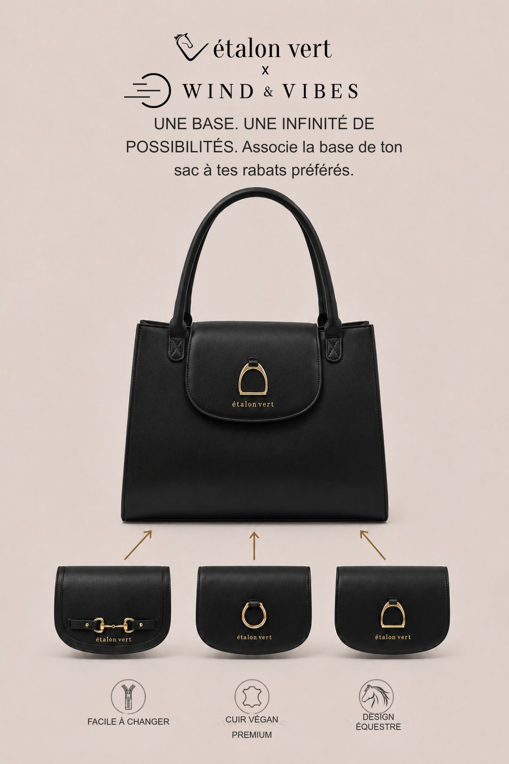 Infographie produit étalon vert : UNE BASE. UNE INFINITÉ DE POSSIBILITÉS. Associe la base de ton sac à tes rabats préférés. [fr]