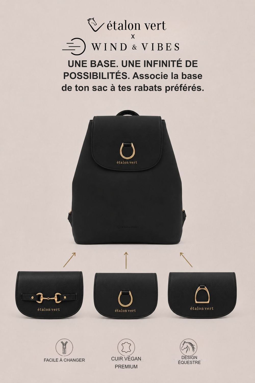 Infographie produit étalon vert : UNE BASE. UNE INFINITÉ DE POSSIBILITÉS. Associe la base de ton sac à tes rabats préférés. [fr]