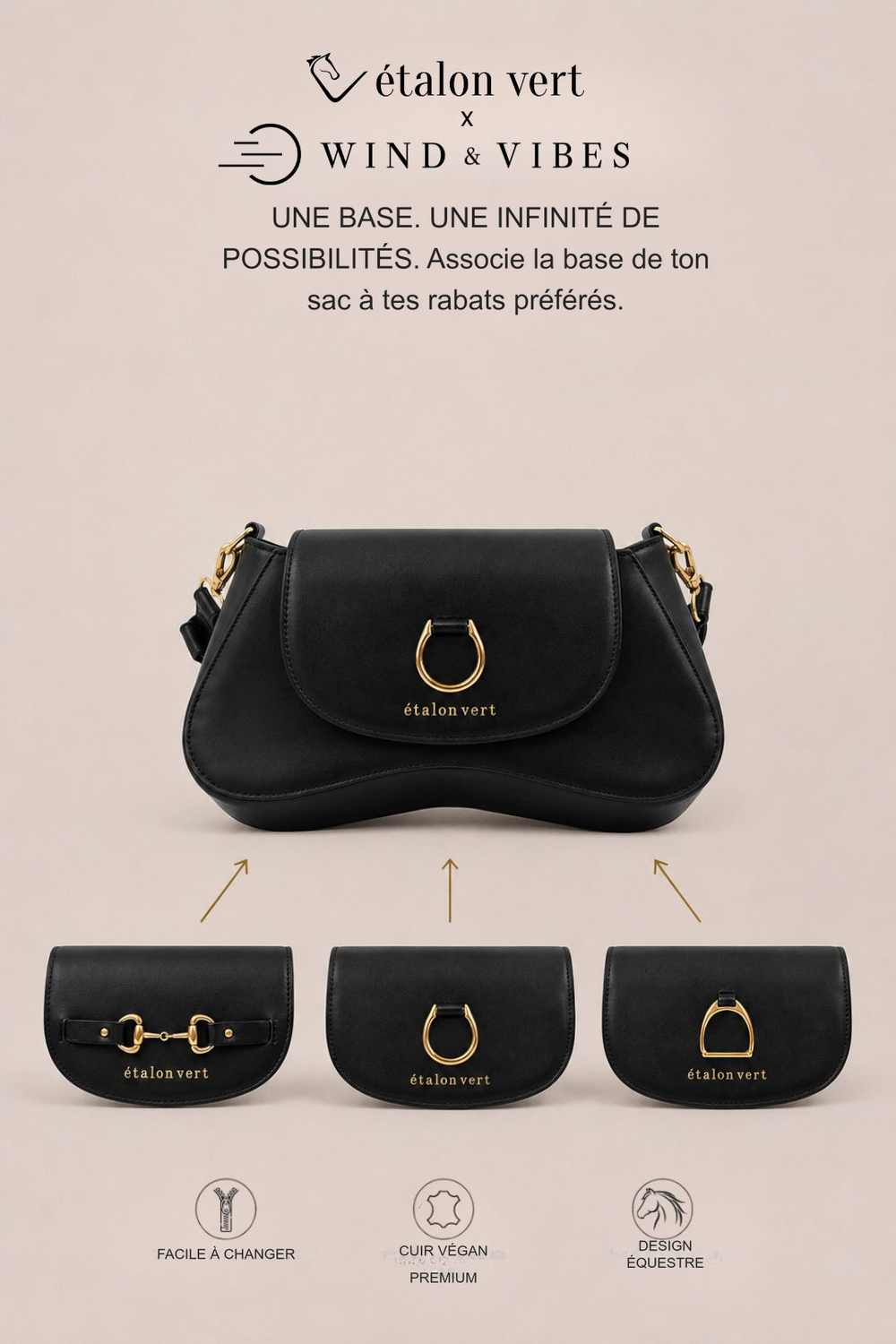 Infographie produit étalon vert : UNE BASE. UNE INFINITÉ DE POSSIBILITÉS. Associe la base de ton sac à tes rabats préférés. [fr]