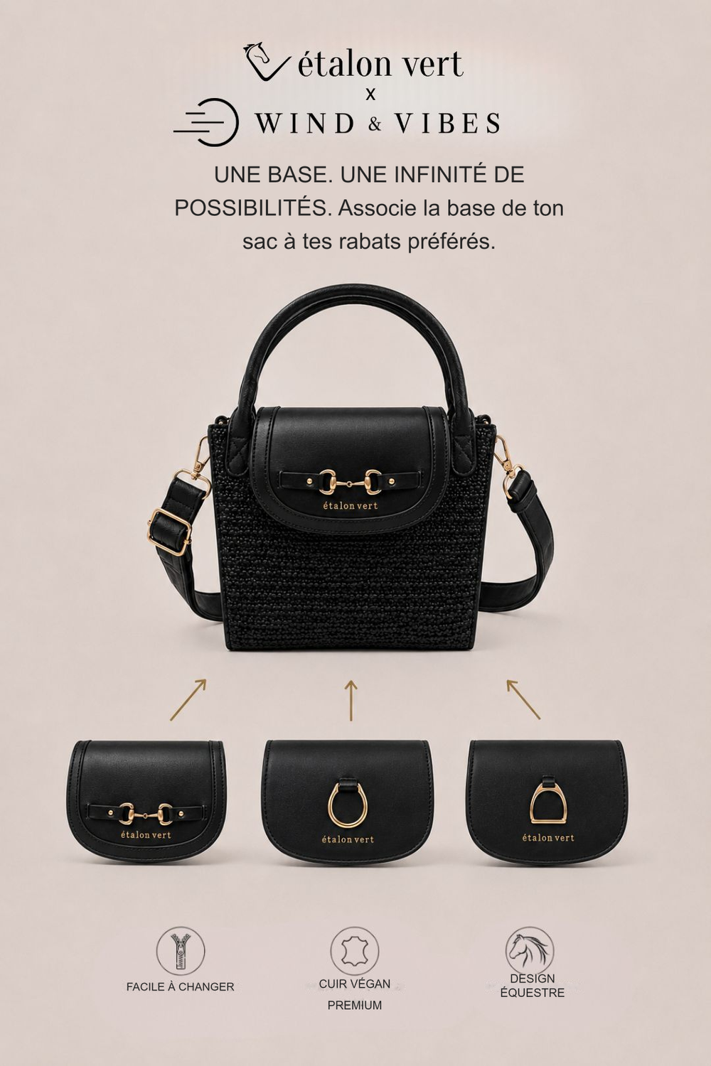 Infographie produit étalon vert : UNE BASE. UNE INFINITÉ DE POSSIBILITÉS. Associe la base de ton sac à tes rabats préférés. [fr]