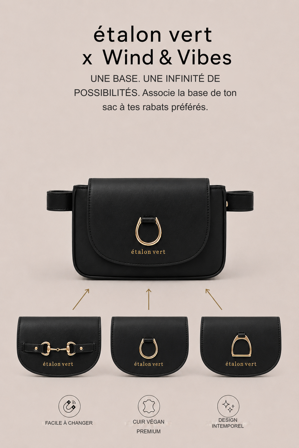 Infographie produit étalon vert : UNE BASE. UNE INFINITÉ DE POSSIBILITÉS. Associe la base de ton sac à tes rabats préférés. [fr]