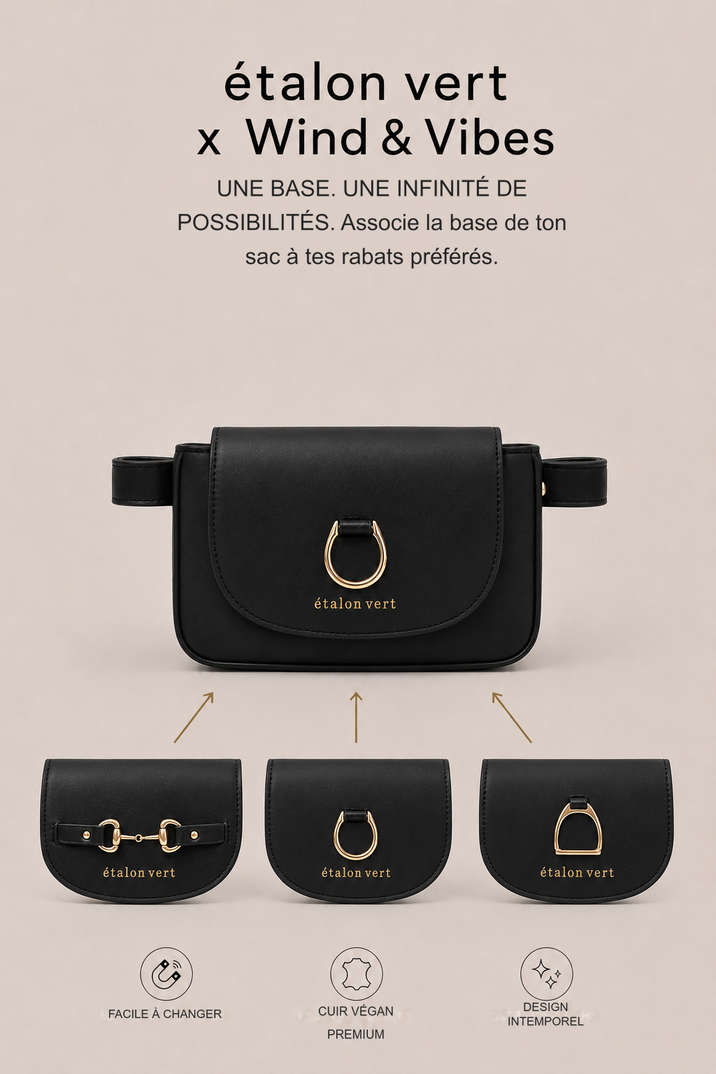 Infographie produit étalon vert : UNE BASE. UNE INFINITÉ DE POSSIBILITÉS. Associe la base de ton sac à tes rabats préférés.