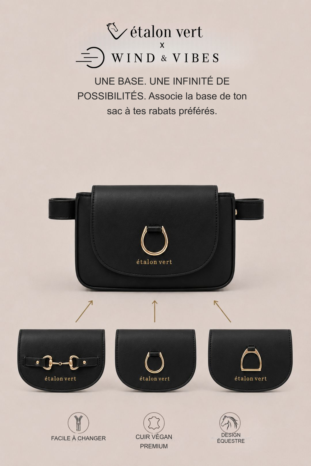 Infographie produit étalon vert : UNE BASE. UNE INFINITÉ DE POSSIBILITÉS. Associe la base de ton sac à tes rabats préférés. [fr]
