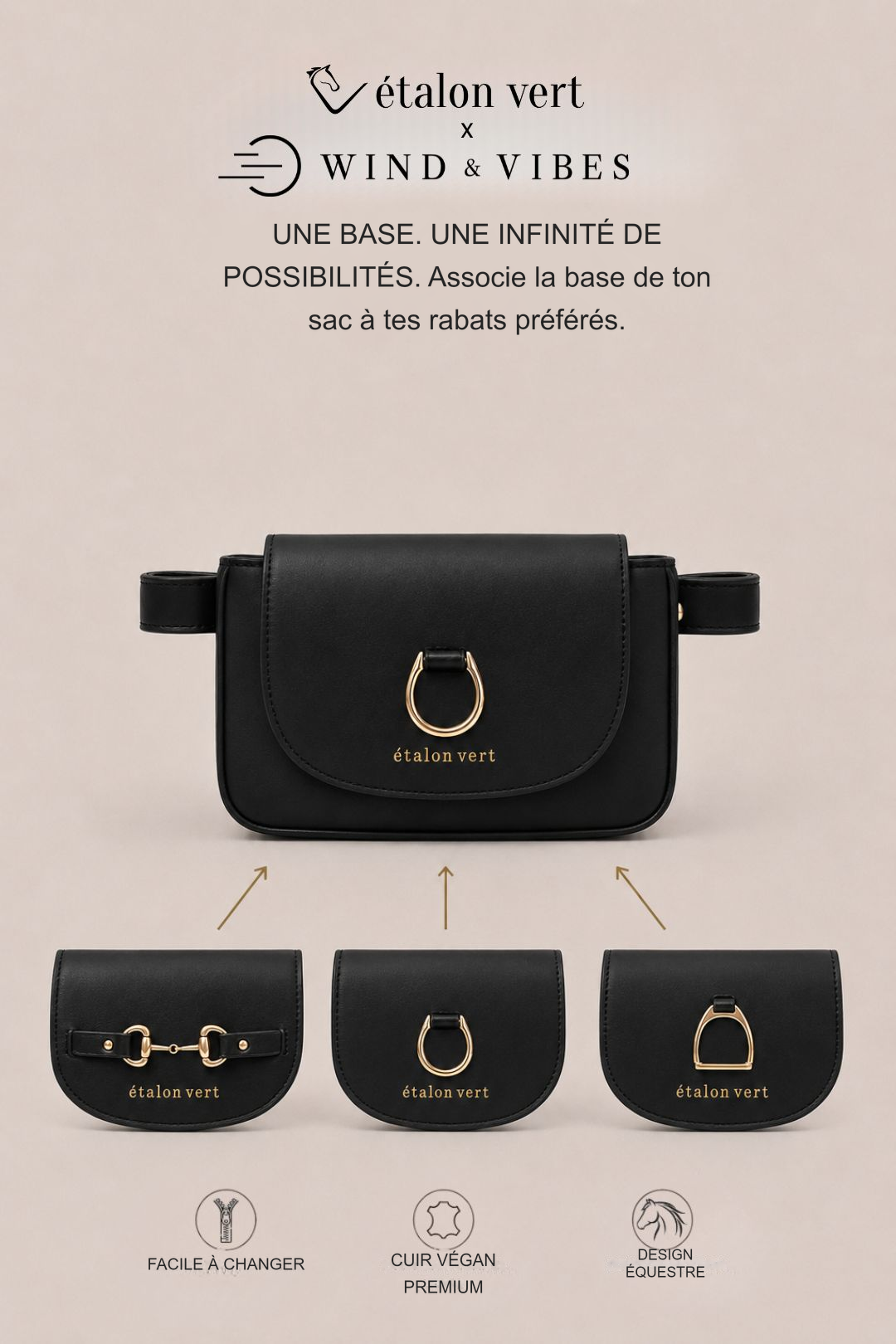 Infographie produit étalon vert : UNE BASE. UNE INFINITÉ DE POSSIBILITÉS. Associe la base de ton sac à tes rabats préférés.