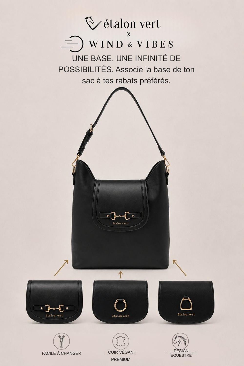 Infographie produit étalon vert : UNE BASE. UNE INFINITÉ DE POSSIBILITÉS. Associe la base de ton sac à tes rabats préférés. [fr]