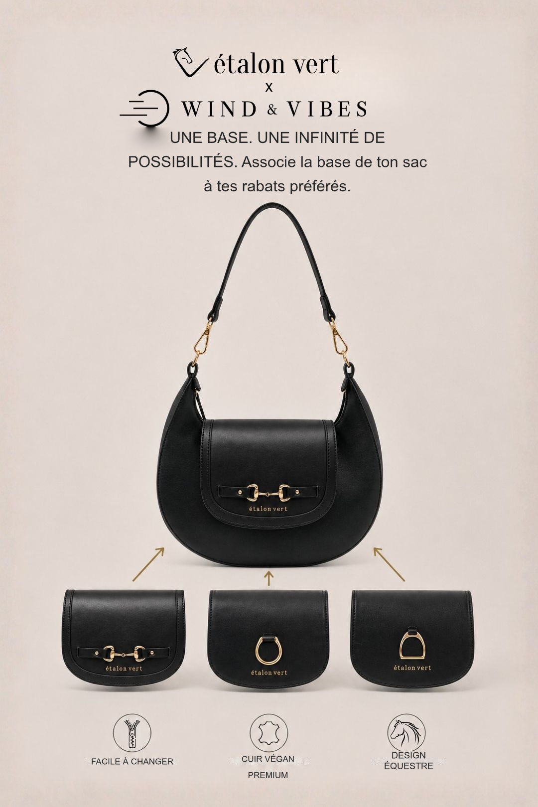 Infographie produit étalon vert : UNE BASE. UNE INFINITÉ DE POSSIBILITÉS. Associe la base de ton sac à tes rabats préférés.