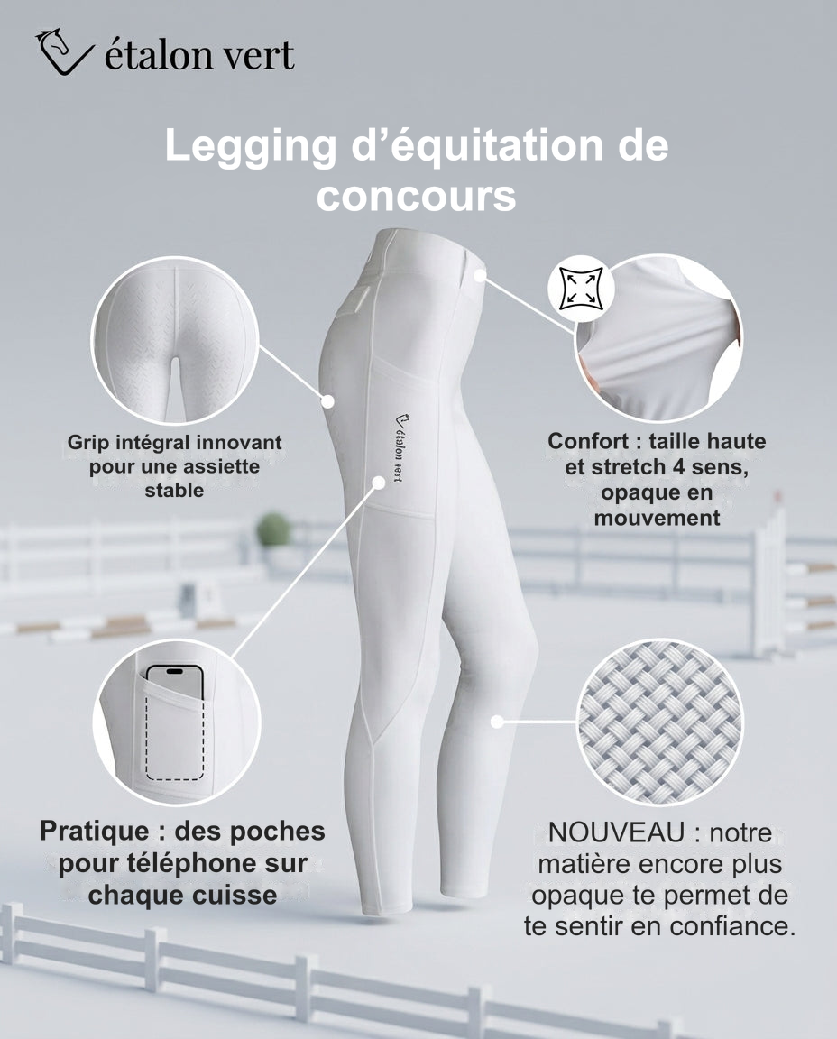 Infographie produit étalon vert : Legging d’équitation de concours [fr]