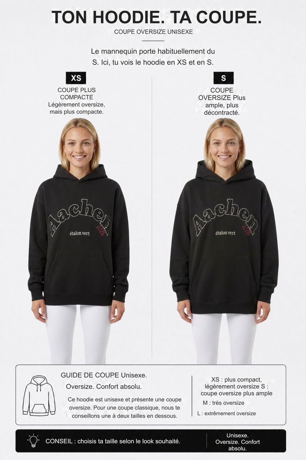 Infographie produit étalon vert : TON HOODIE. TA COUPE. [fr]