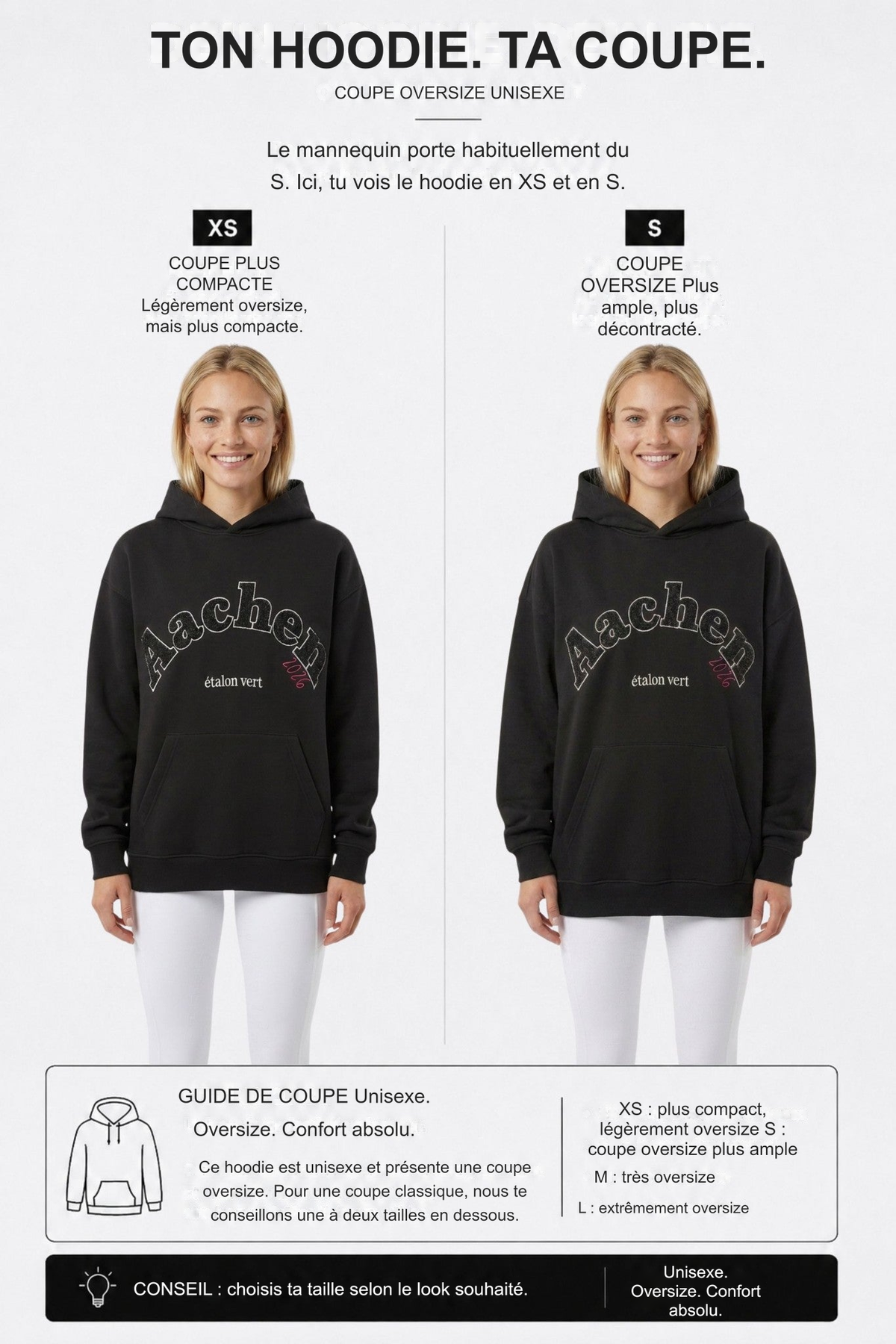 Infographie produit étalon vert : TON HOODIE. TA COUPE.