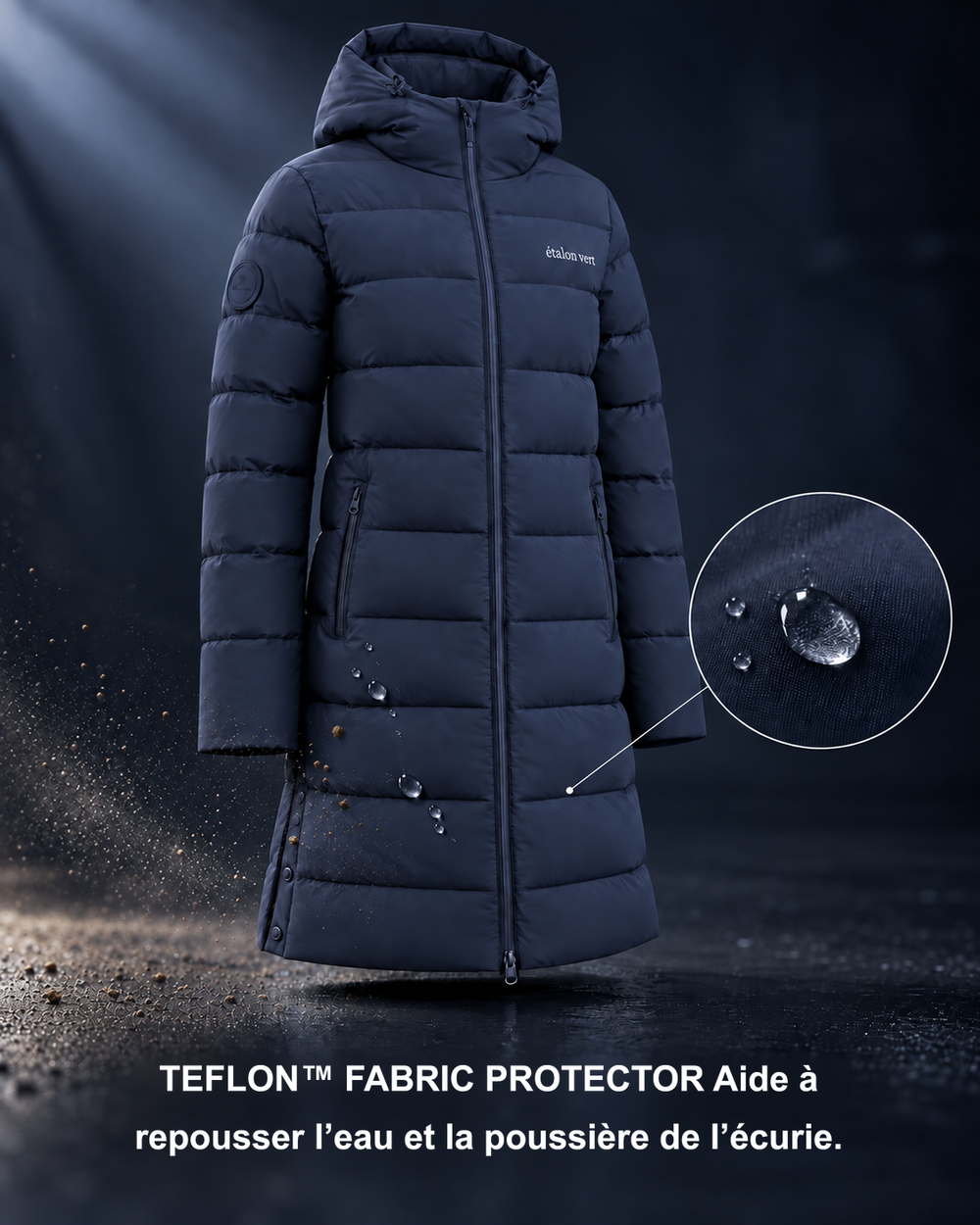 Infographie produit étalon vert : TEFLON™ FABRIC PROTECTOR Aide à repousser l’eau et la poussière de l’écurie. [fr]