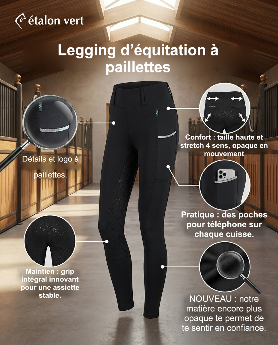 Infographie produit étalon vert : Legging d’équitation à paillettes [fr]