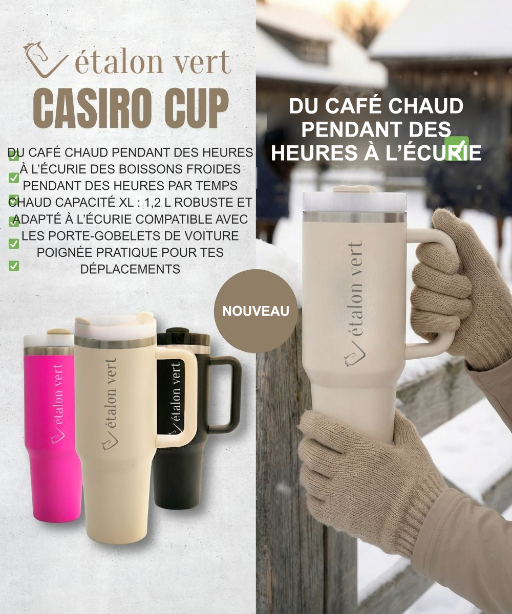 Infographie produit étalon vert : DU CAFÉ CHAUD PENDANT DES HEURES À L’ÉCURIE