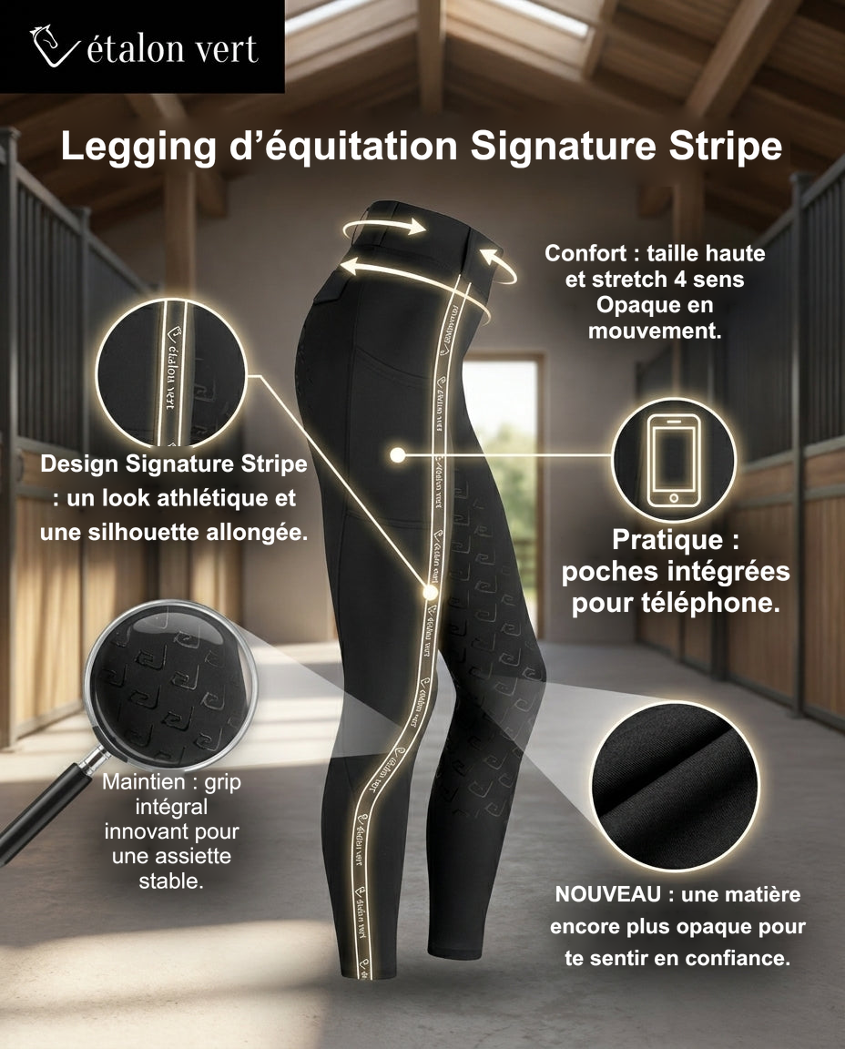 Infographie produit étalon vert : Legging d’équitation Signature Stripe [fr]