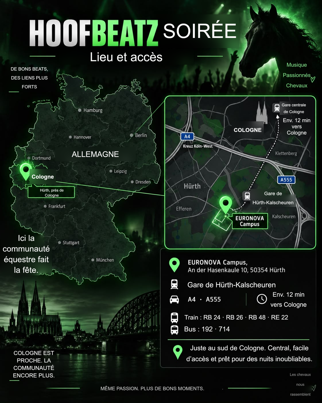 Soirée HOOFBEATZ : lieu, accès et transports près de Cologne