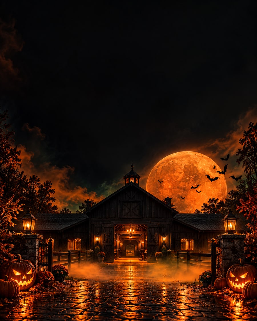 Halloween bei étalon vert: orangefarbener Mond und Kerzenschein am Stall