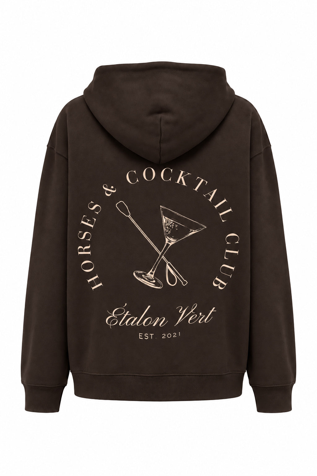 Brown / Chocolate Brown Oversize Hoodie – Rückenansicht, Motiv horses-cocktail, Druck Beige
