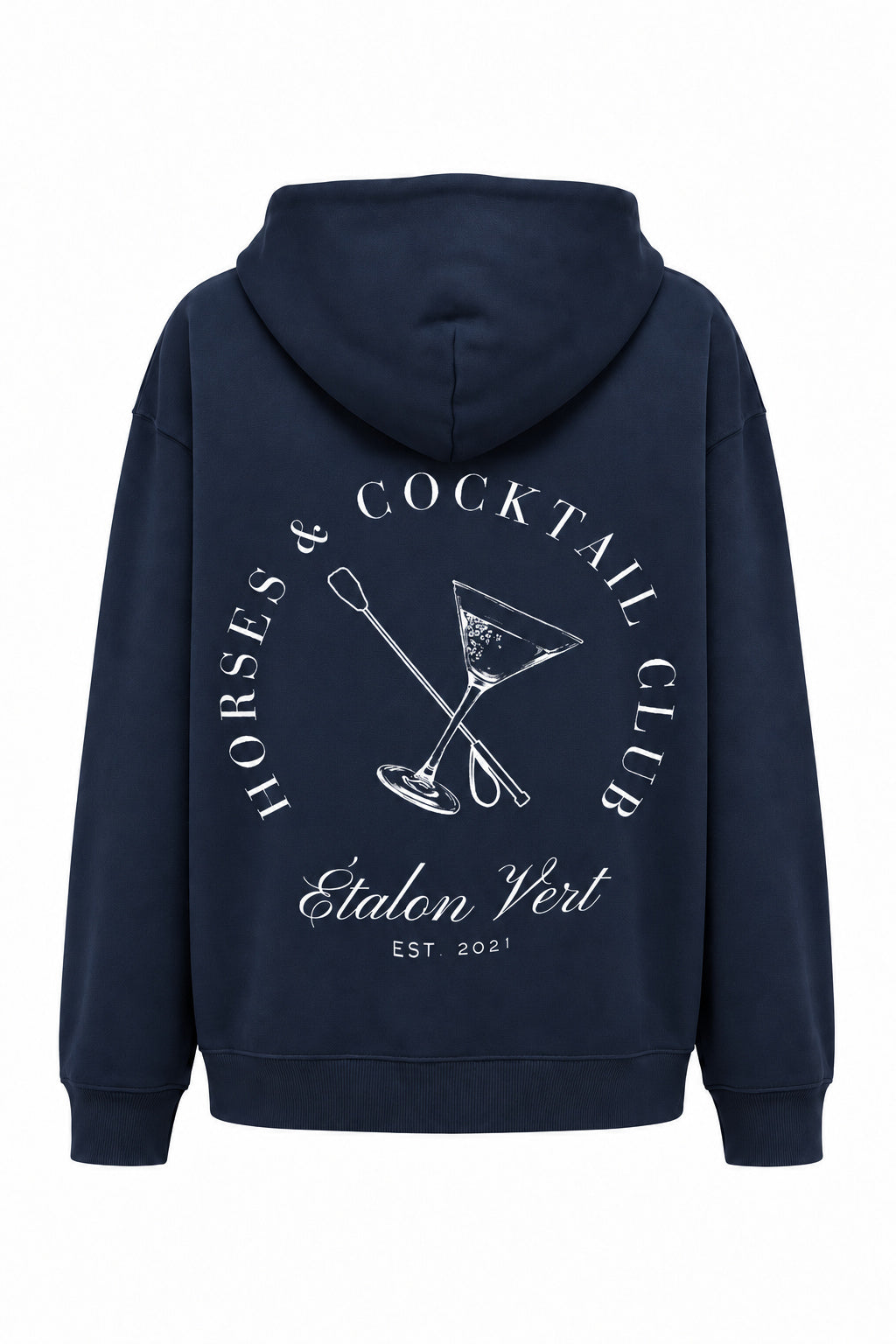 horses-cocktail – Hoodie Navy, Rückenansicht mit großem weißem Druck