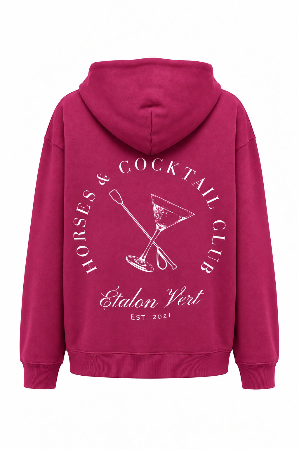 horses-cocktail – Hoodie Very Berry, Rückenansicht mit großem weißem Druck