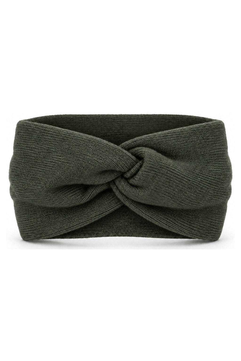 étalon vert Knotenstirnband olive, Frontalansicht mit mittigem Knoten, KI-Produktvisualisierung