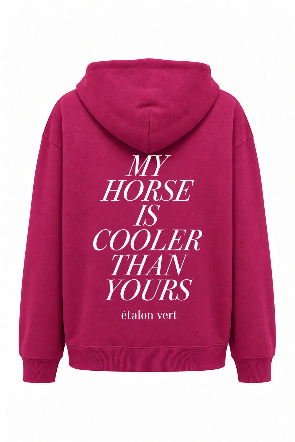 my-horse – Hoodie Very Berry, Rückenansicht mit großem weißem Druck