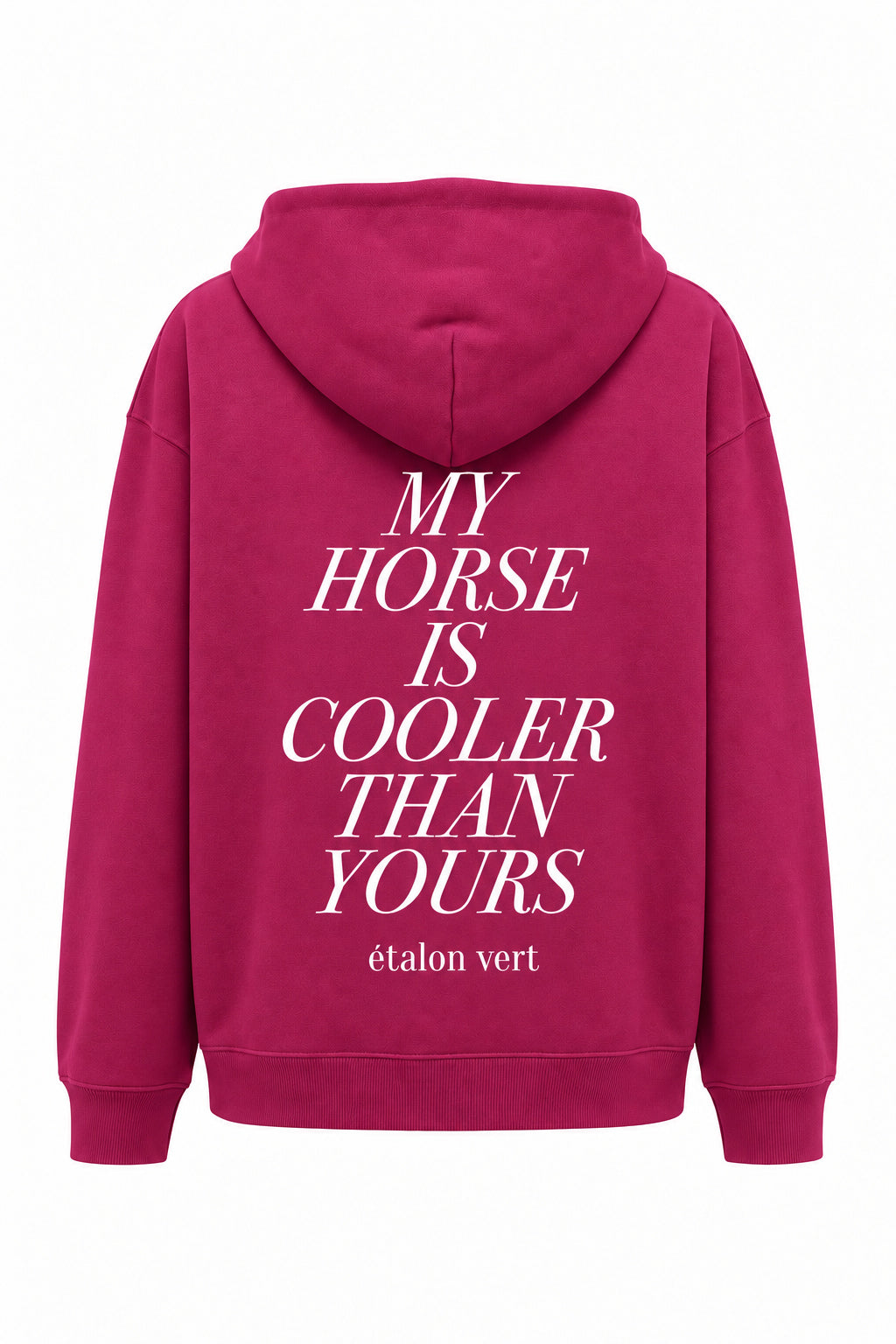 my-horse – Hoodie Very Berry, Rückenansicht mit großem weißem Druck
