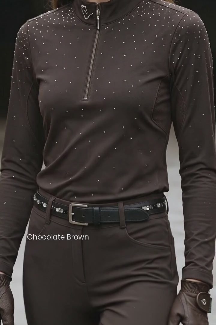 Easy Game Glitter Damen-Reitshirt – Chocolate Brown – Produkt- und Modelvideo im Shopformat 2:3